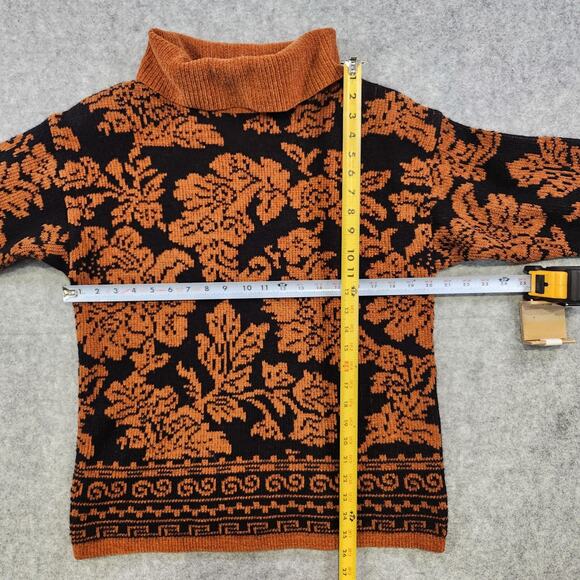 VTG Orvis Sweater Women Small Black Orange Turtleneck Wool Blend Floral Jacquard - Picture 7 of 11